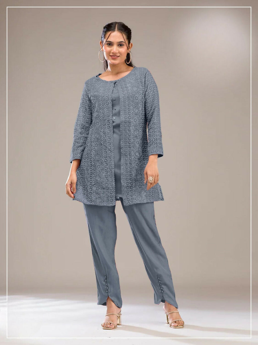 Anaita Grey Faux Georgette Readymade 2 Piece Set with Embroidery Work | Grocsy