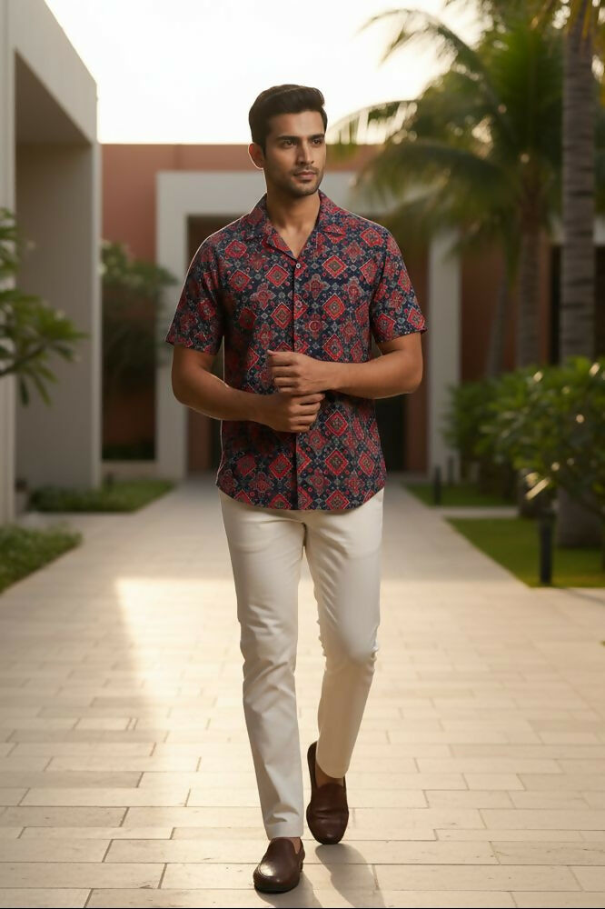Solace — Red Ajrakh Cotton Shirt by Hilo Design | Grocsy