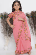 Little Bansi Floral Print Ready To Wear Saree And Floral Blouse - Coral | Grocsy