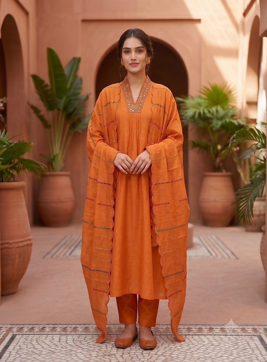 Teeya Creation Orange Silk Kurta Pant Set With Scalloped Dupatta | Grocsy
