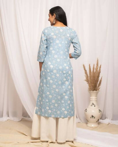 FIORRA Women's Floral Printed Sky Blue Cotton Straight Kurta | Grocsy