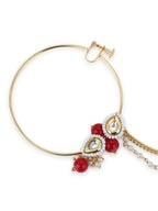Gold-Pleated Red White Kundan Studded Beaded Nosepin - Ruby Raang | Grocsy