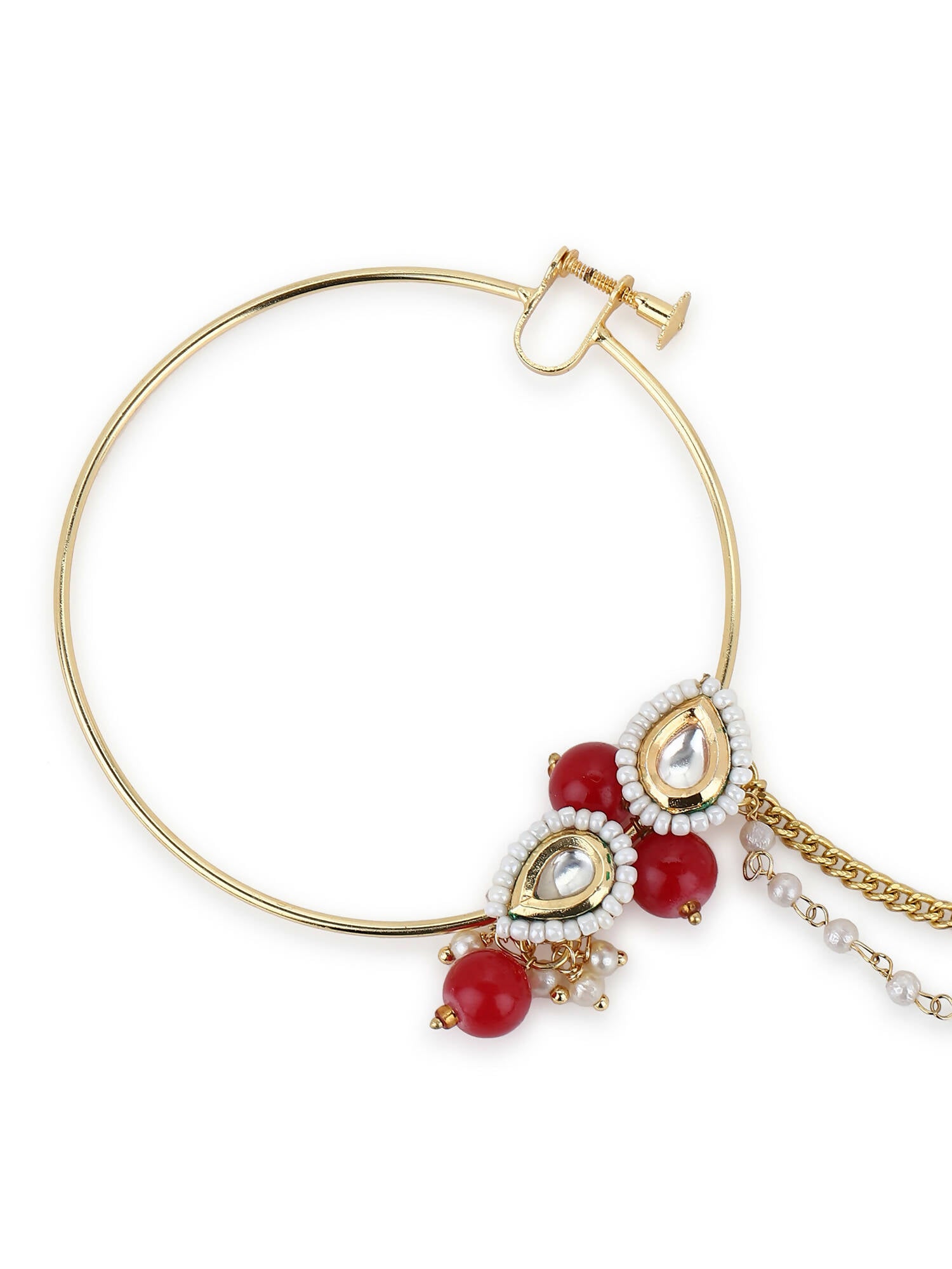 Gold-Pleated Red White Kundan Studded Beaded Nosepin - Ruby Raang | Grocsy