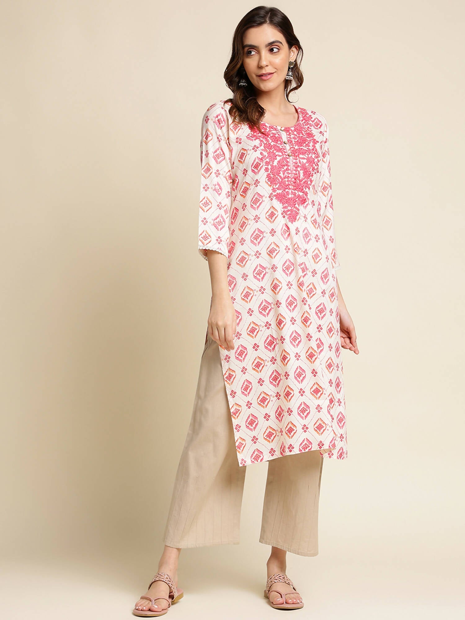 Pink Poly Rayon Aztec Printed Straight Fit Kurta - Prasuti | Grocsy
