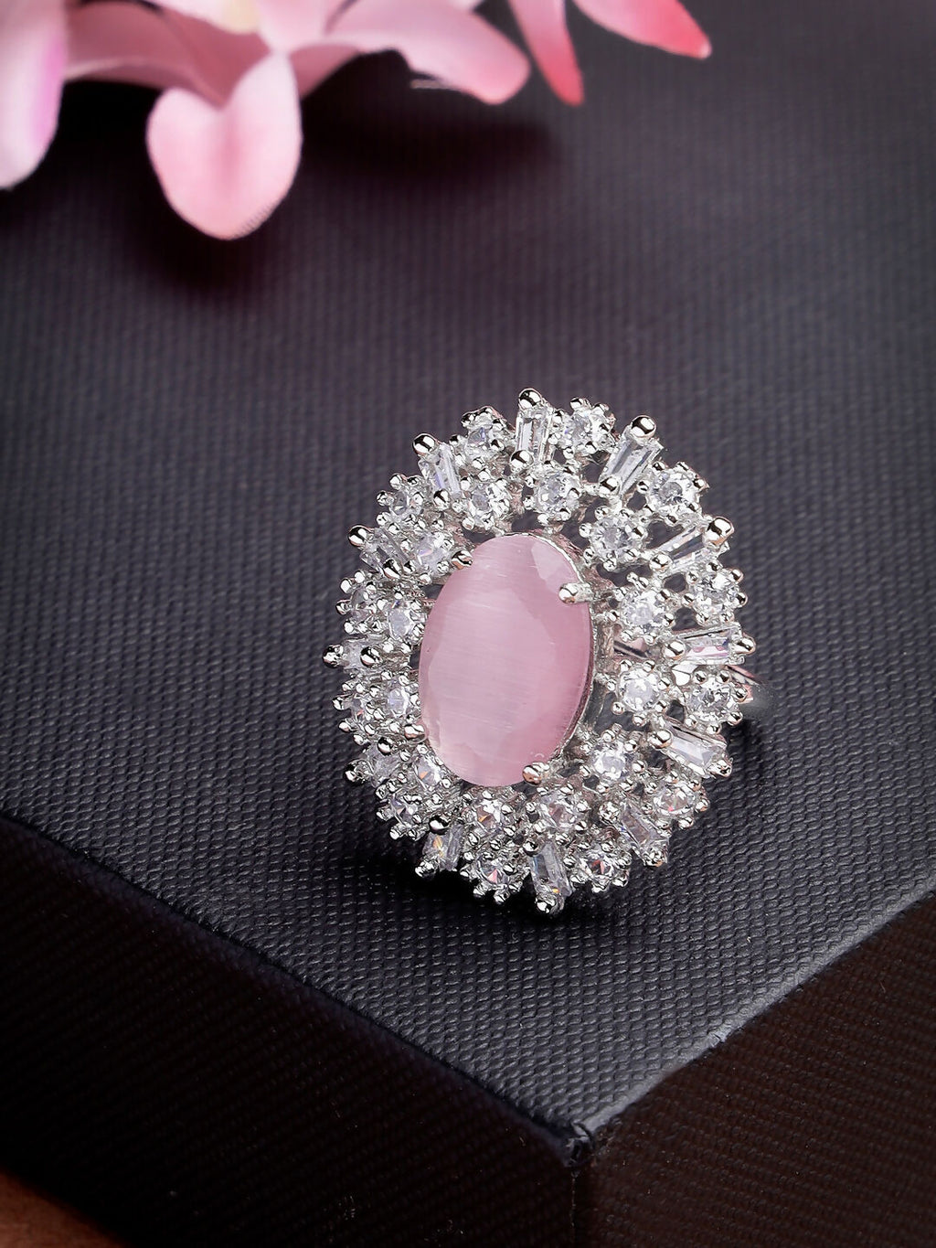 NVR Women's Pink & Silver CZ-Studded Handcrafted Adjustable Finger Ring | Grocsy