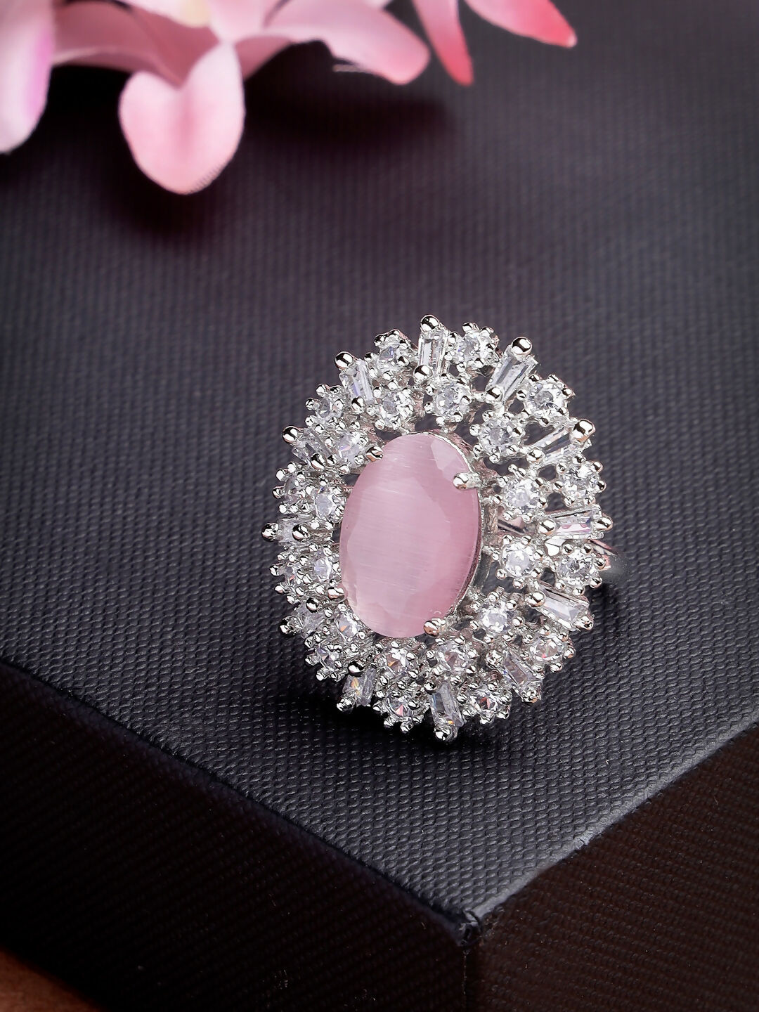 NVR Women's Pink & Silver CZ-Studded Handcrafted Adjustable Finger Ring | Grocsy