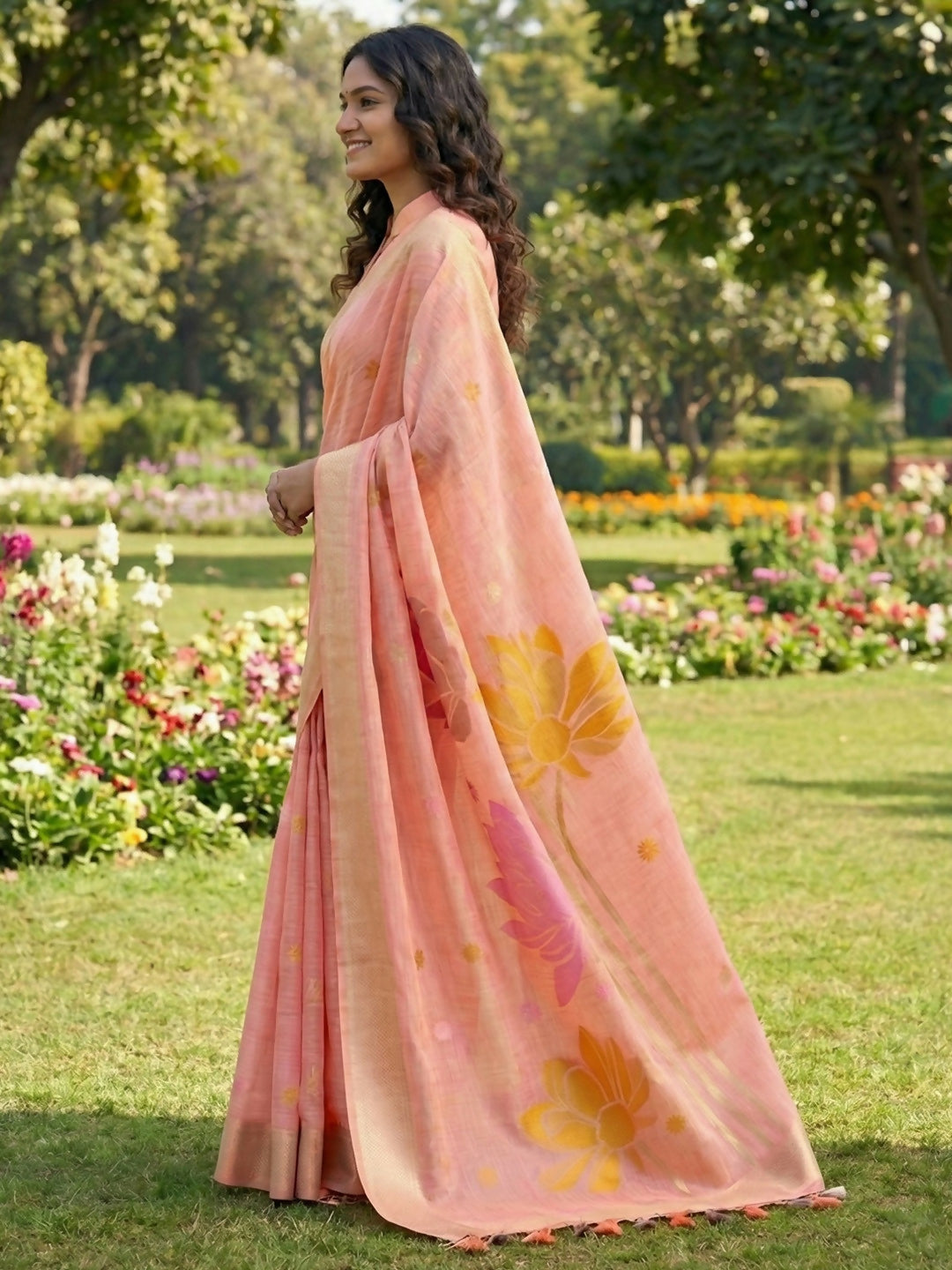 Shree Shyam Fashion Peach Linen Cotton Saree | Grocsy