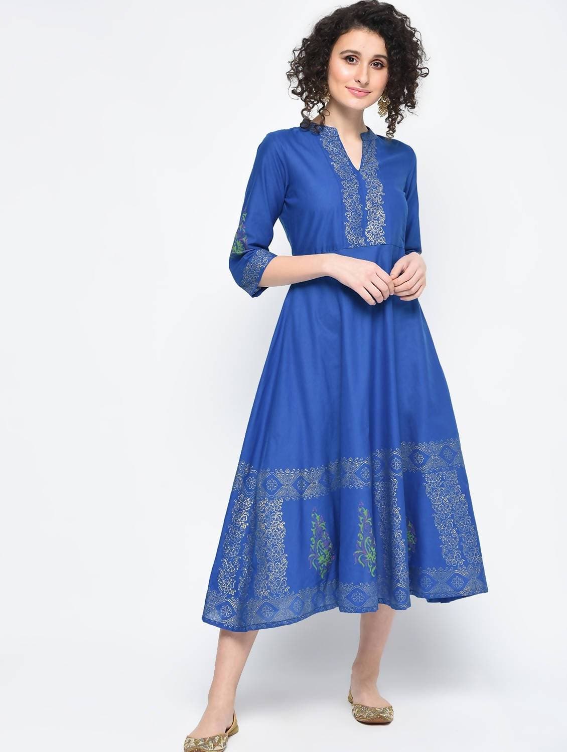 Cheera Hand Block Print Royal Blue Color Anarkali Kurta | Grocsy