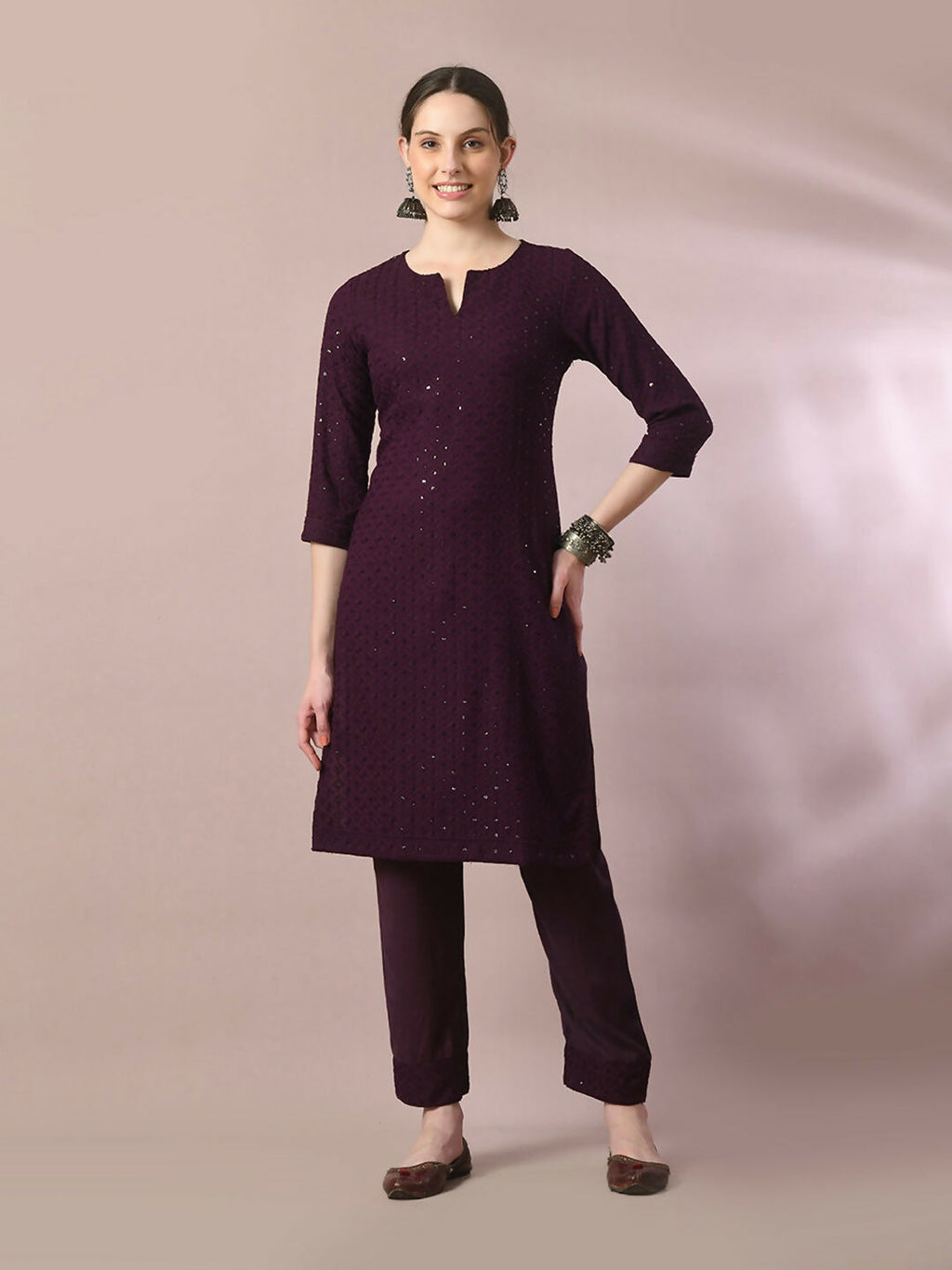 Myshka Women's Magenta Embroidered Cotton Straight Party Kurta Set | Grocsy