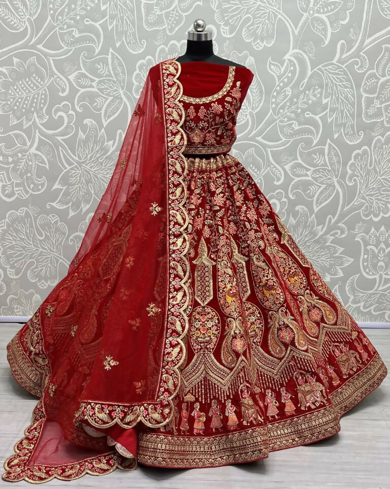 Jyoti Fashion Women's Red Velvet Multi Thread Embroidered with Zircon Diamond Work Wedding Lehenga Choli | Grocsy
