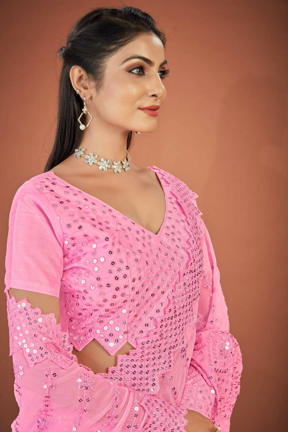Vamsee Pink Georgette Designer Saree | Grocsy