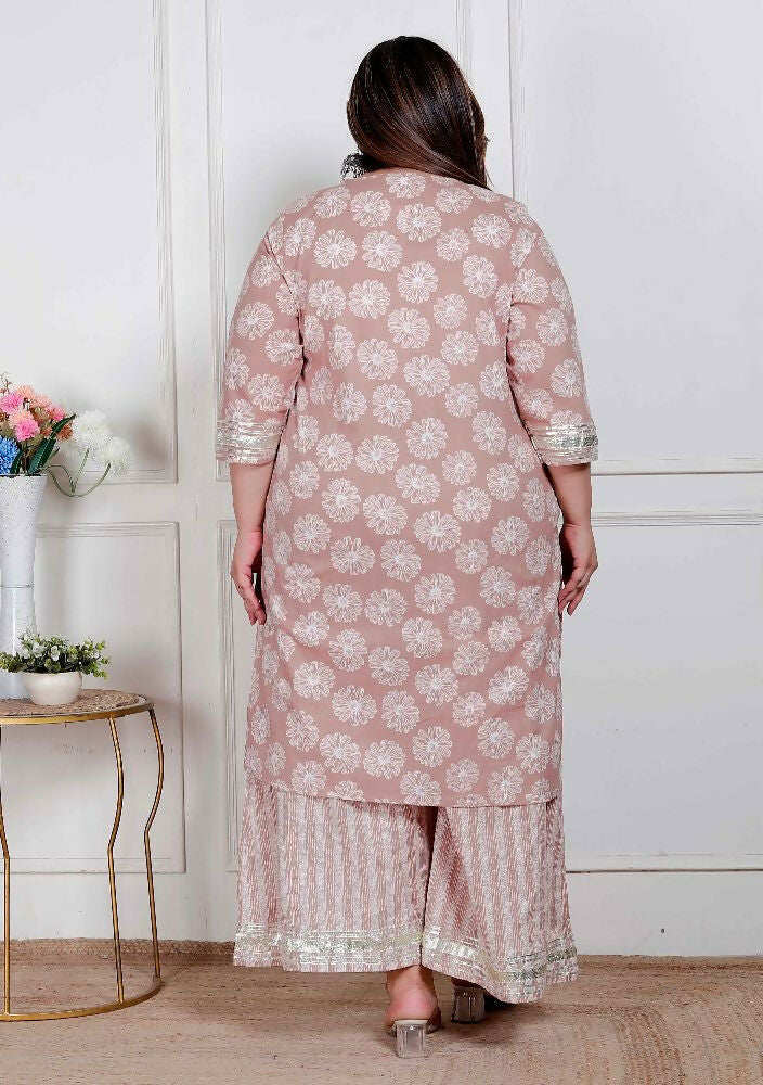 Miravan Plus Size Women Brown Floral Printed Straight Ethnic Kurta With Palazzo | Grocsy