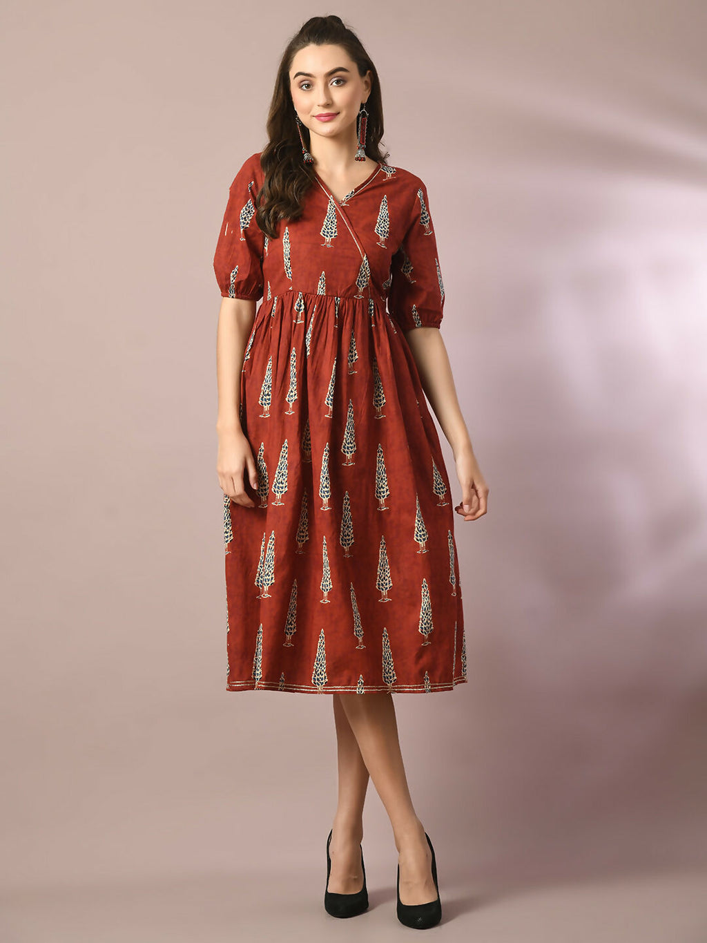 Myshka Women's Rust Printed Cotton V-Neck Empire Party Dress | Grocsy