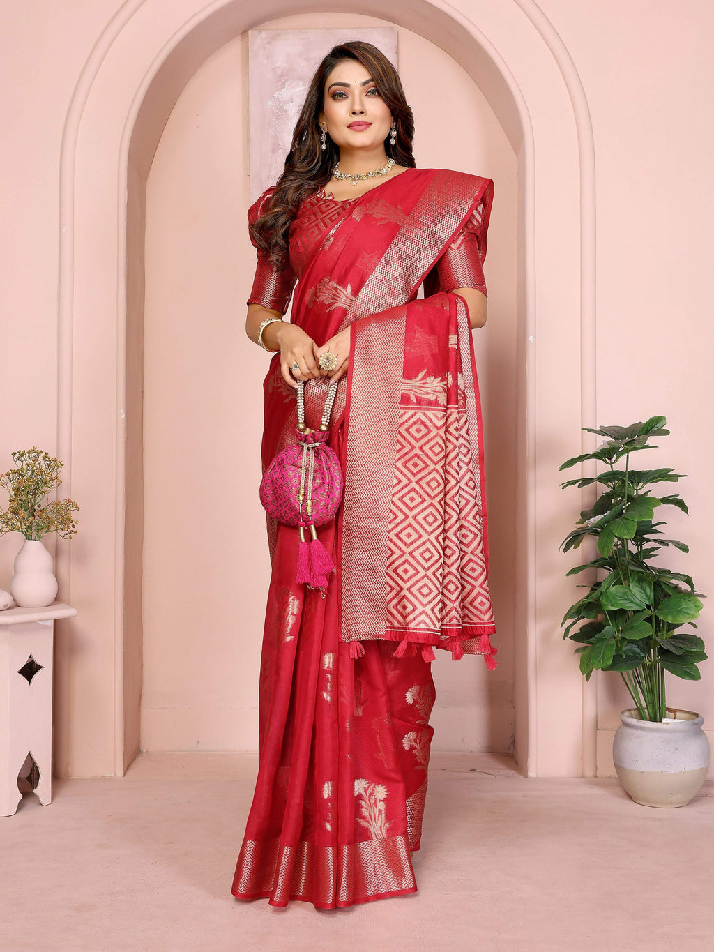Aastha Fashion Red Soft Organza Silk Weaving Saree | Grocsy