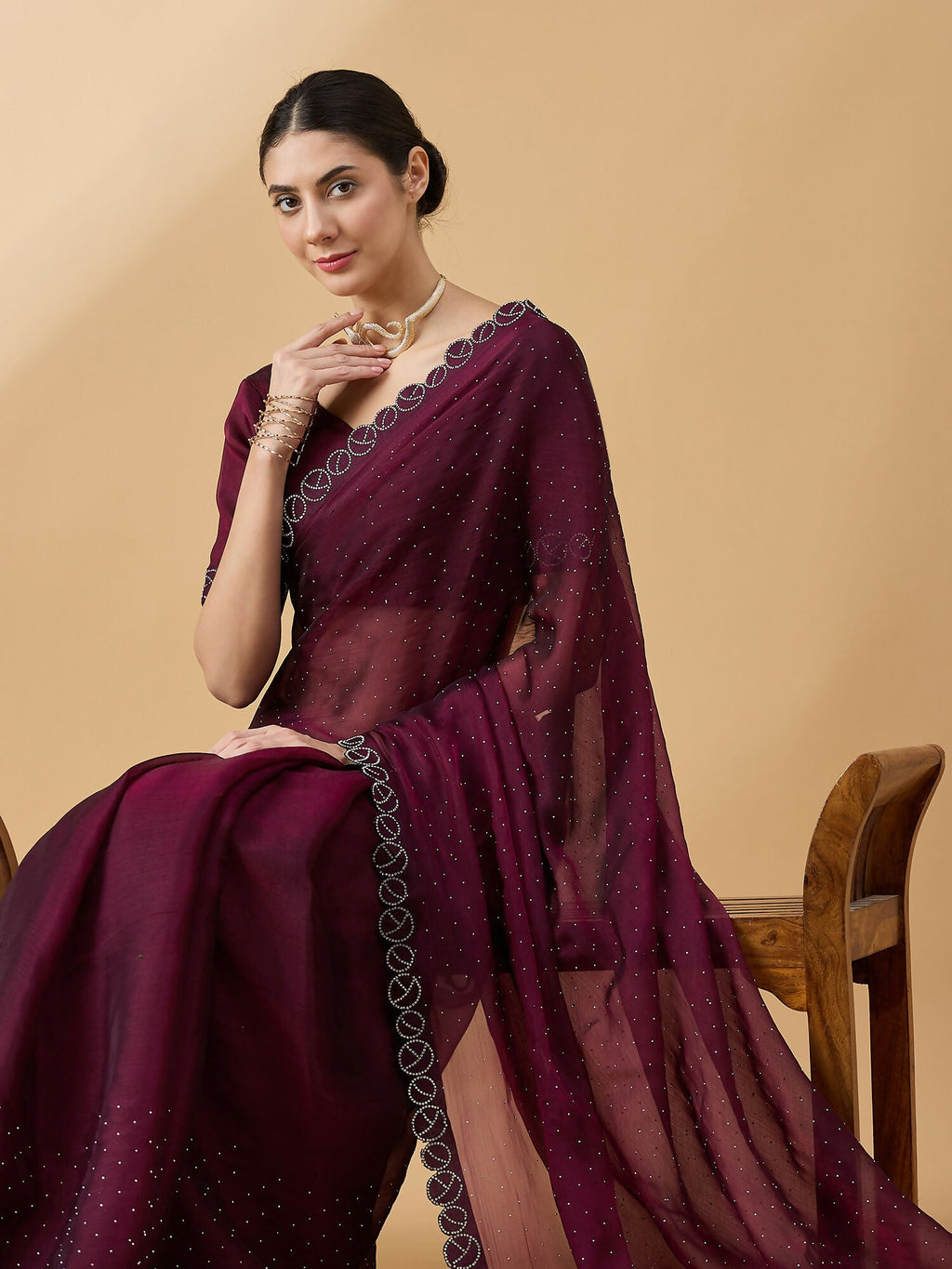 Purple Organza Swaroski Diamond Work Saree with Unstitched Blouse - Radha | Grocsy