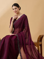 Purple Organza Swaroski Diamond Work Saree with Unstitched Blouse - Radha | Grocsy