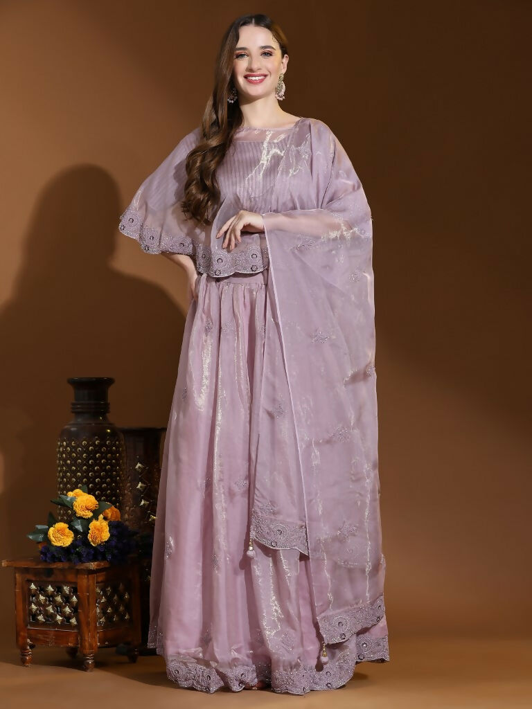 Purple Silk Embroidered Poncho Pattern Top & Lehenga with Dupatta - Tanya | Grocsy