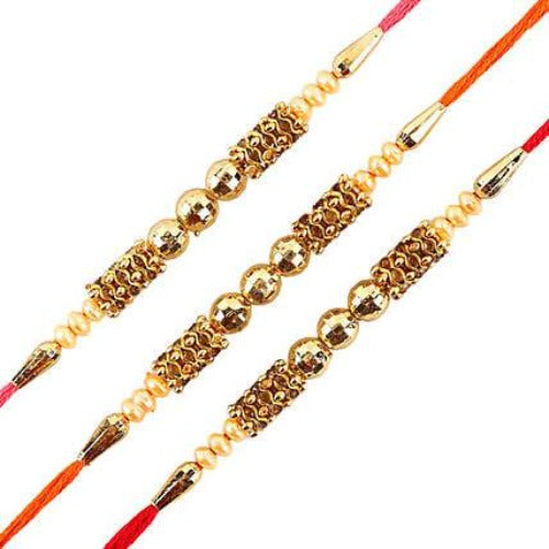 Set of 3 Traditional Pearl Rakhi and Kaju Rolls Box | Grocsy