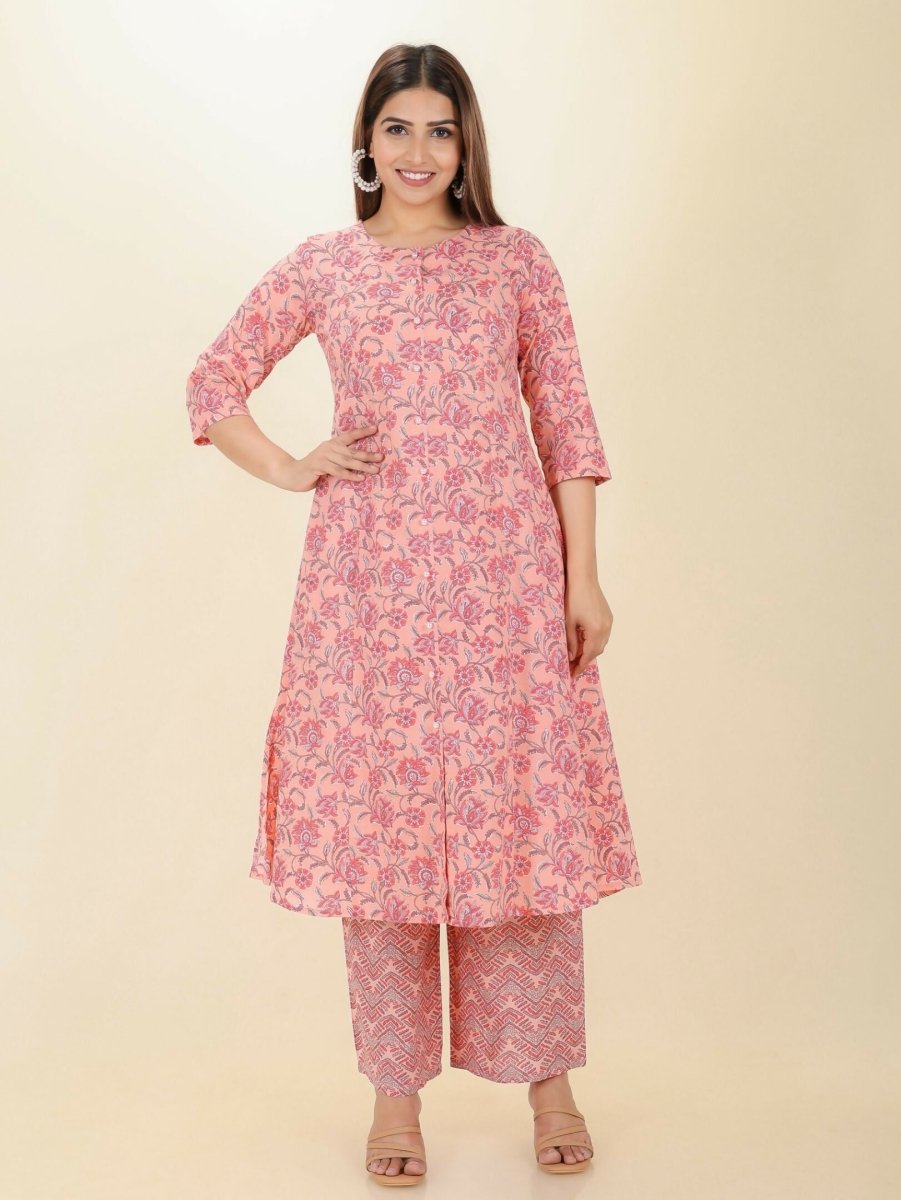 Aramya Pink Soft Cotton Floral Print A-line Kurta Set for Women | Grocsy