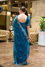 Vastranavya Sea Blue Embroidery Work Shimmer Chiffon Saree with Unstitched Blouse | Grocsy