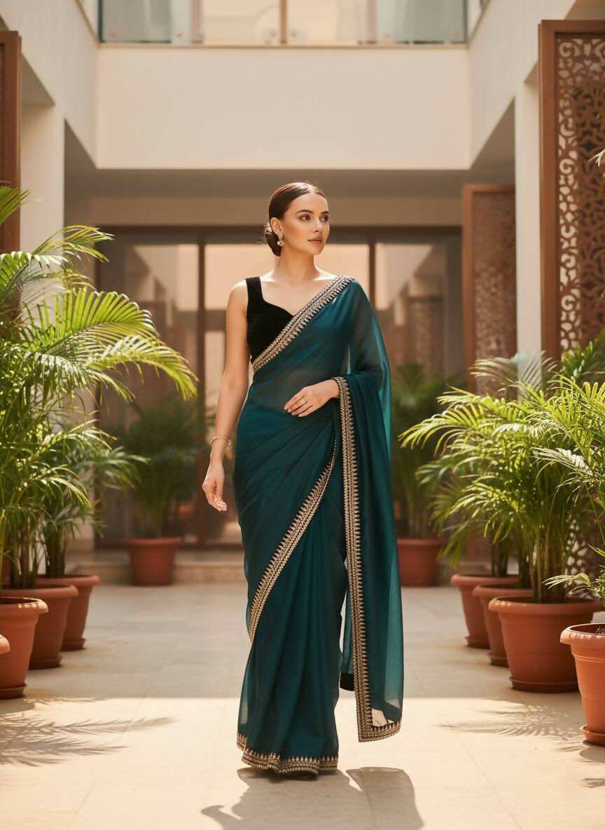Joban Fashion Petrol Soft twill Net Party Wear Sarees | Grocsy