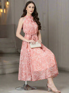 Souchii Peach Floral Chiffon Dress | Grocsy