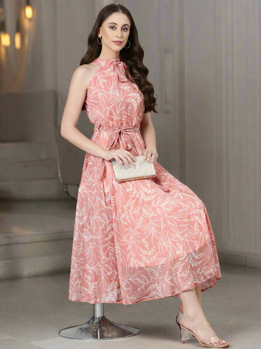Souchii Peach Floral Chiffon Dress | Grocsy