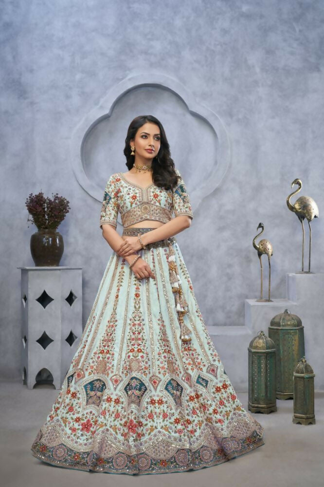 Kesar Fab Blue Silk Embroidered Lehenga | Grocsy