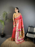Joban Fashion Rose Pink Peacock & Floral Motifs Soft Lichi Silk Kanchipuram Saree | Grocsy