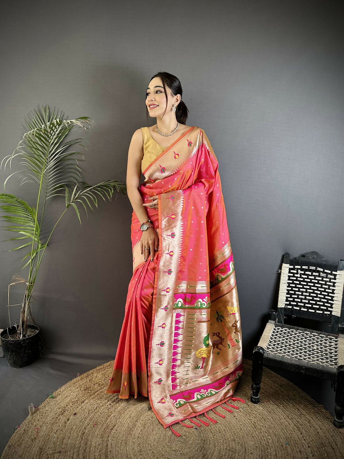 Joban Fashion Rose Pink Peacock & Floral Motifs Soft Lichi Silk Kanchipuram Saree | Grocsy