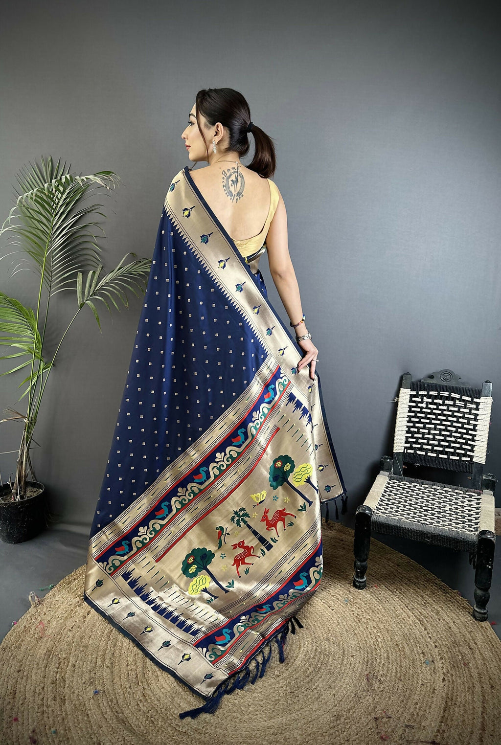 Joban Fashion Dark Blue Peacock & Floral Motifs Soft Lichi Silk Kanchipuram Saree | Grocsy