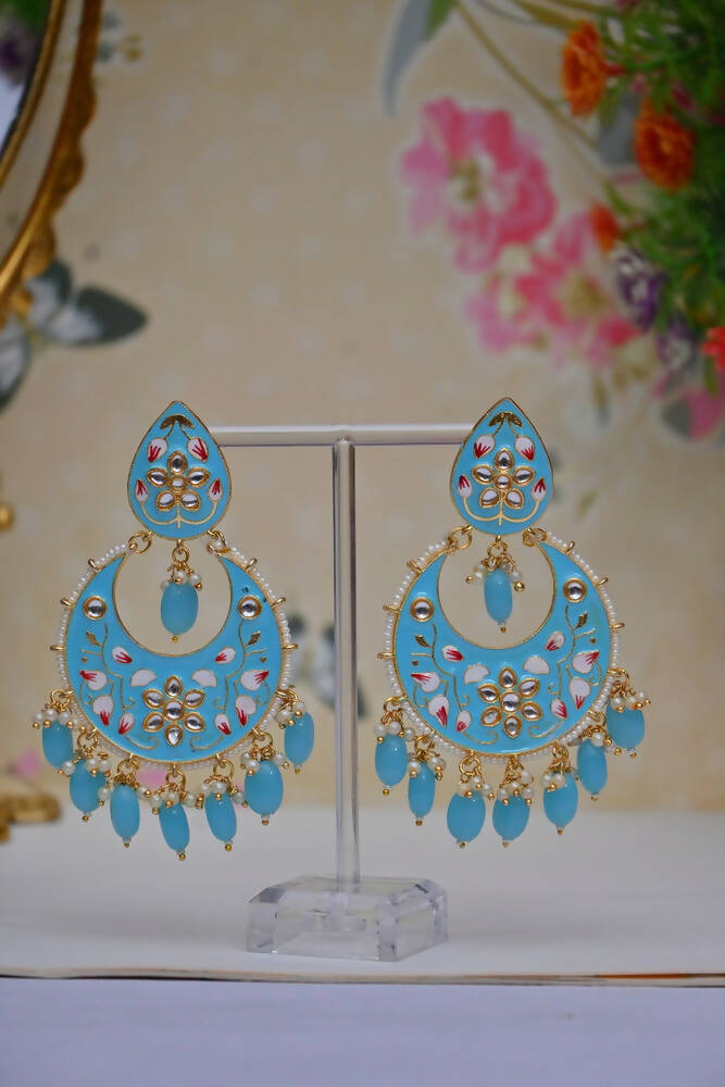 Gold-Polished Brass & Pearl Dangle Women Blue Hand Painted Meenakari Chandbali Earrings By House of Ree - House of Ree