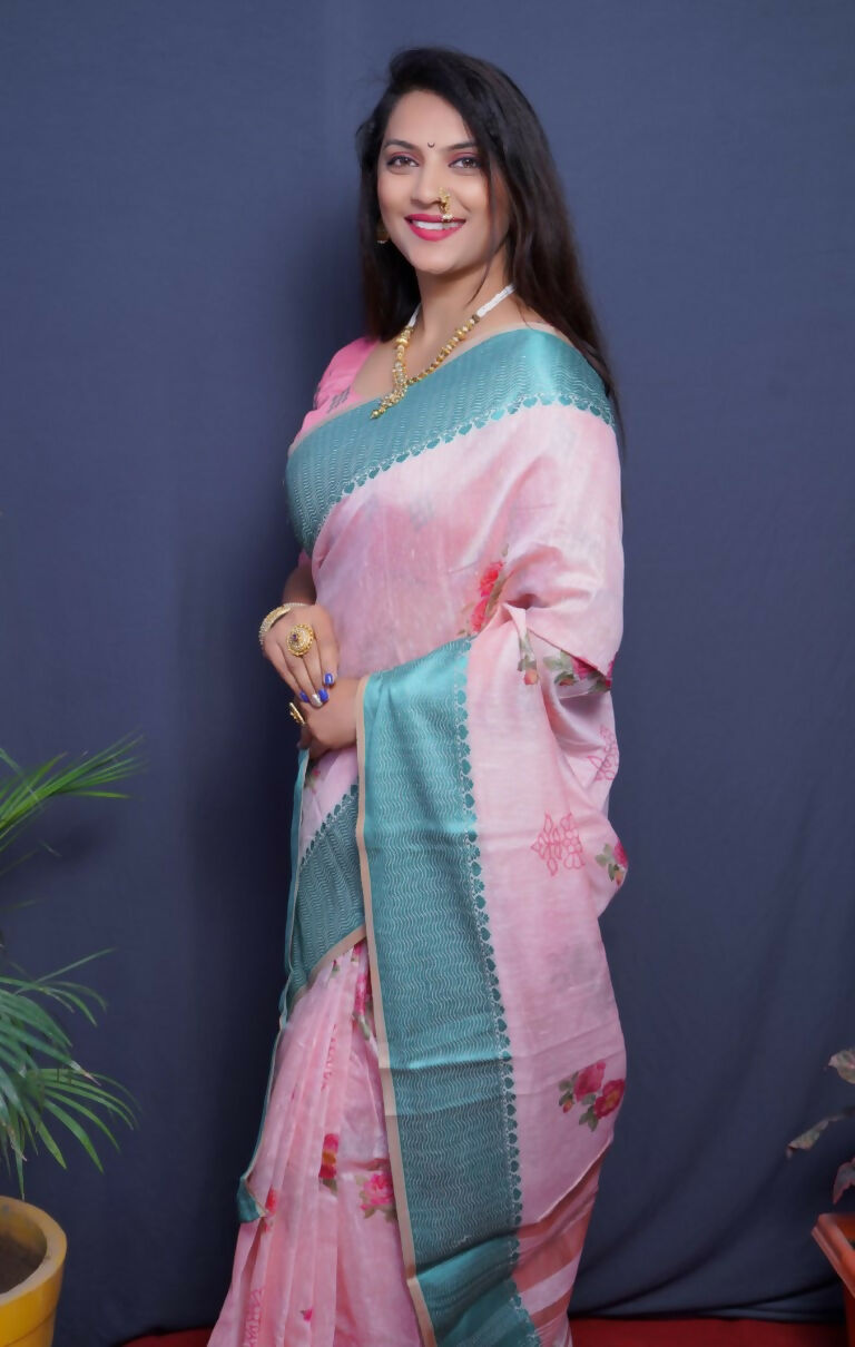 Jyoti Fashion Women's Teal Linen Silk Digital Print with Jacquard Woven Border Saree with Blouse | Grocsy