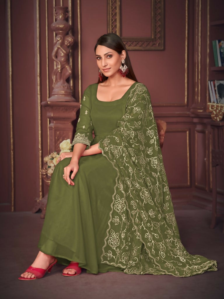 Jyoti Fashion Women's Olive Green Georgette Embroidered Anarkali Kurta Pant Set With Dupatta | Grocsy