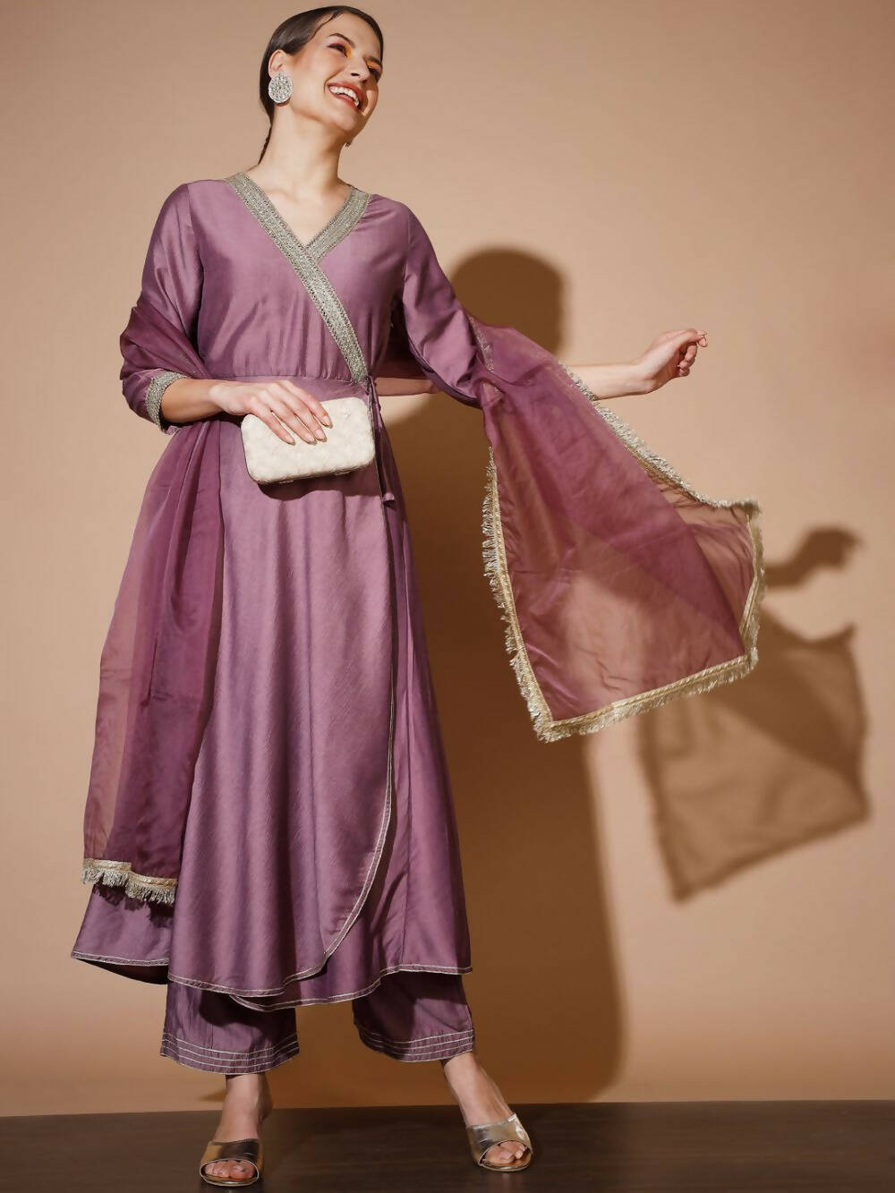 Myshka Women Mauve Solid Kurta & Palazzos With Dupatta | Grocsy