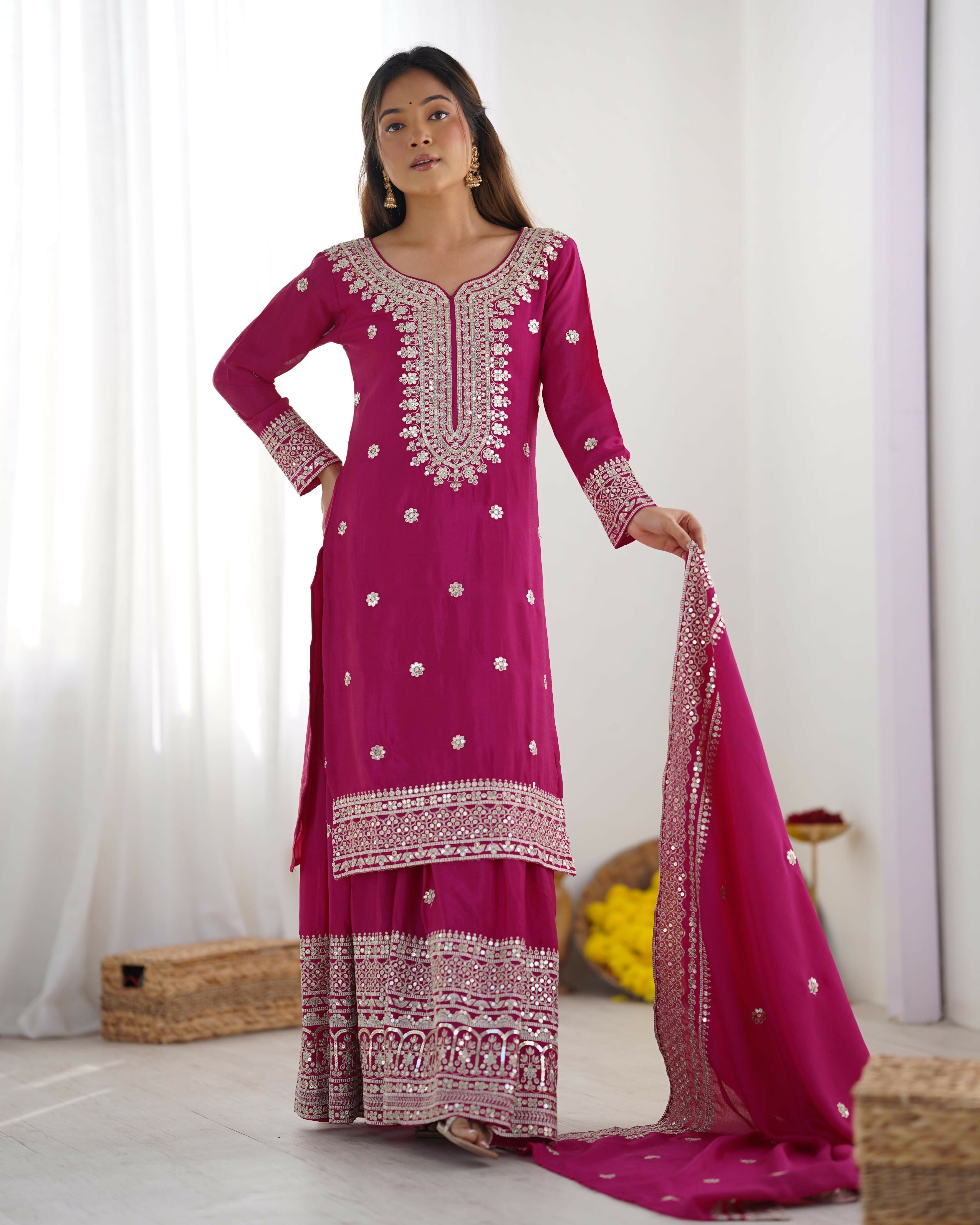 Joban Fashion Pink Kurta Set Silk Sequins , Zari, Coding & Thread Embroidered work | Grocsy
