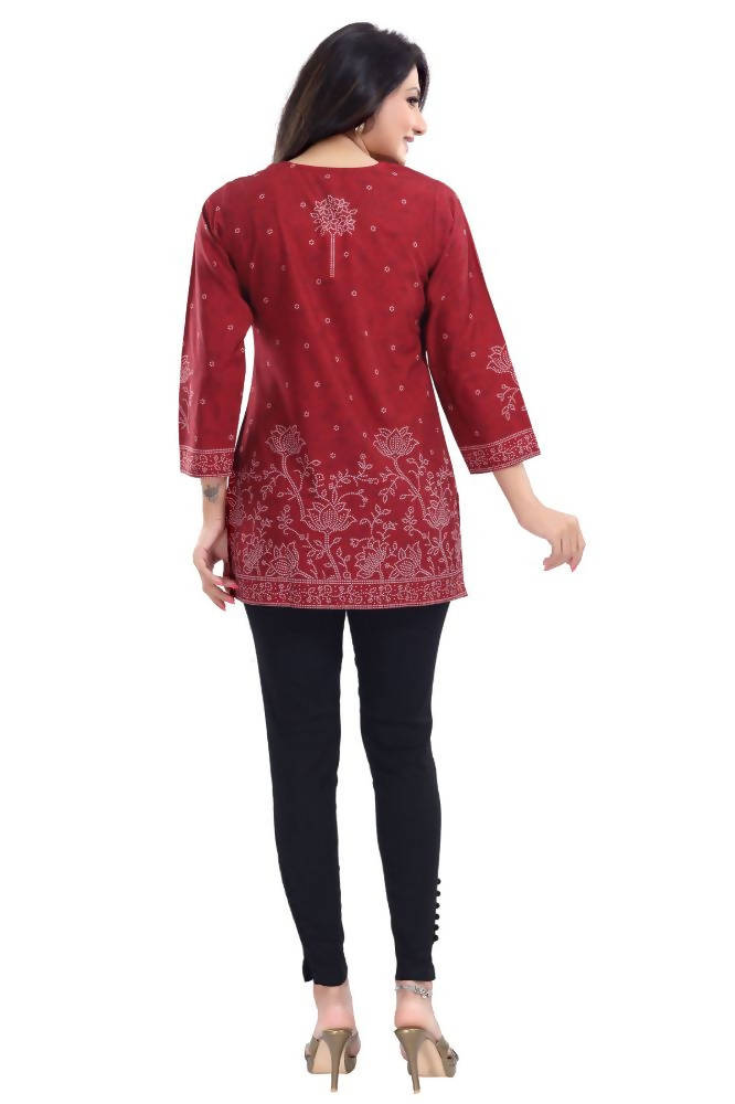 Snehal Creations Maroon Faux Crepe Printed Short Kurti Tunic Top | Grocsy