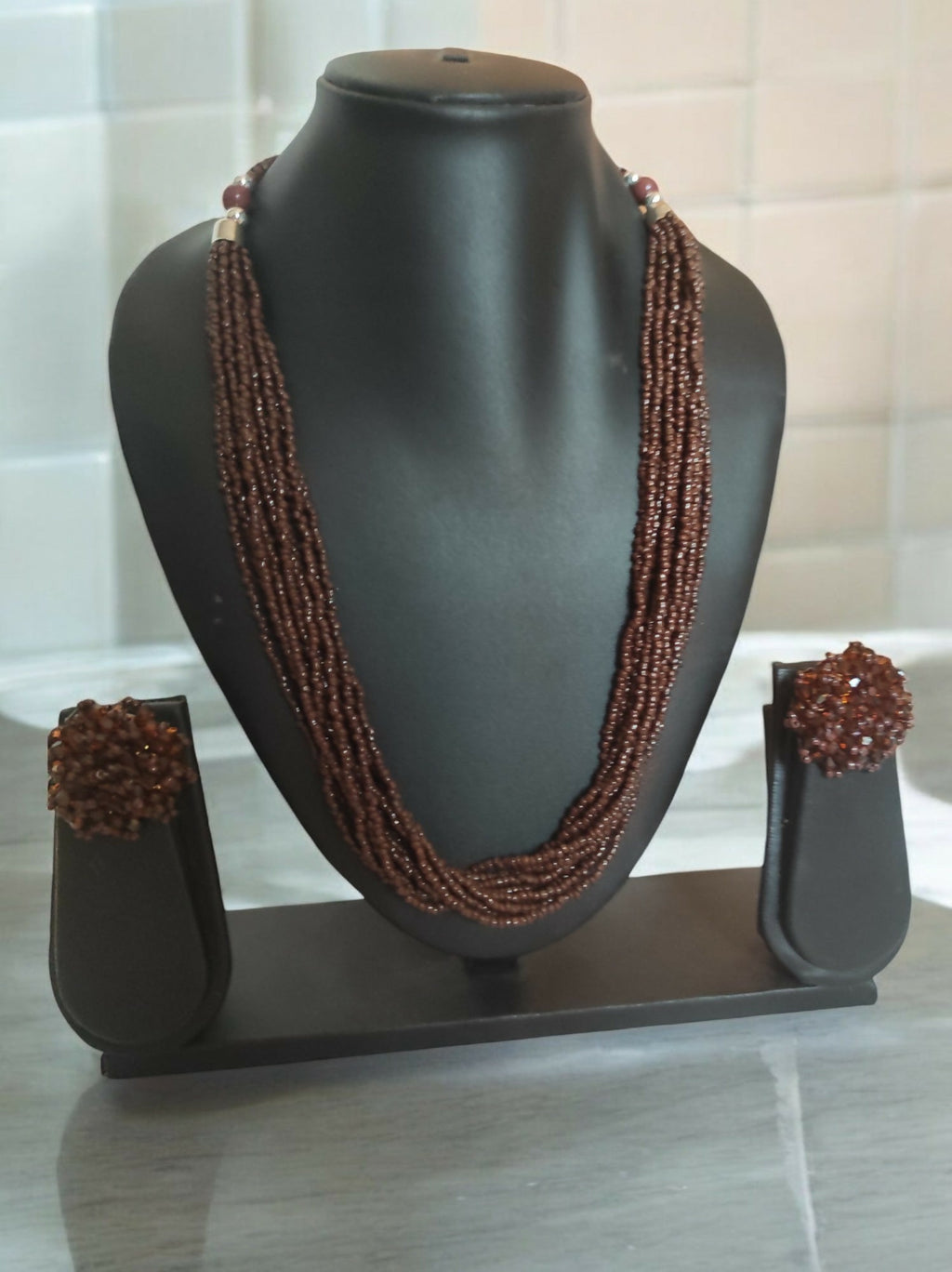 Inhanns Bloom Handmade Beaded Necklace With Earrings - 12 Layers - Coffee Necklace Set | Grocsy