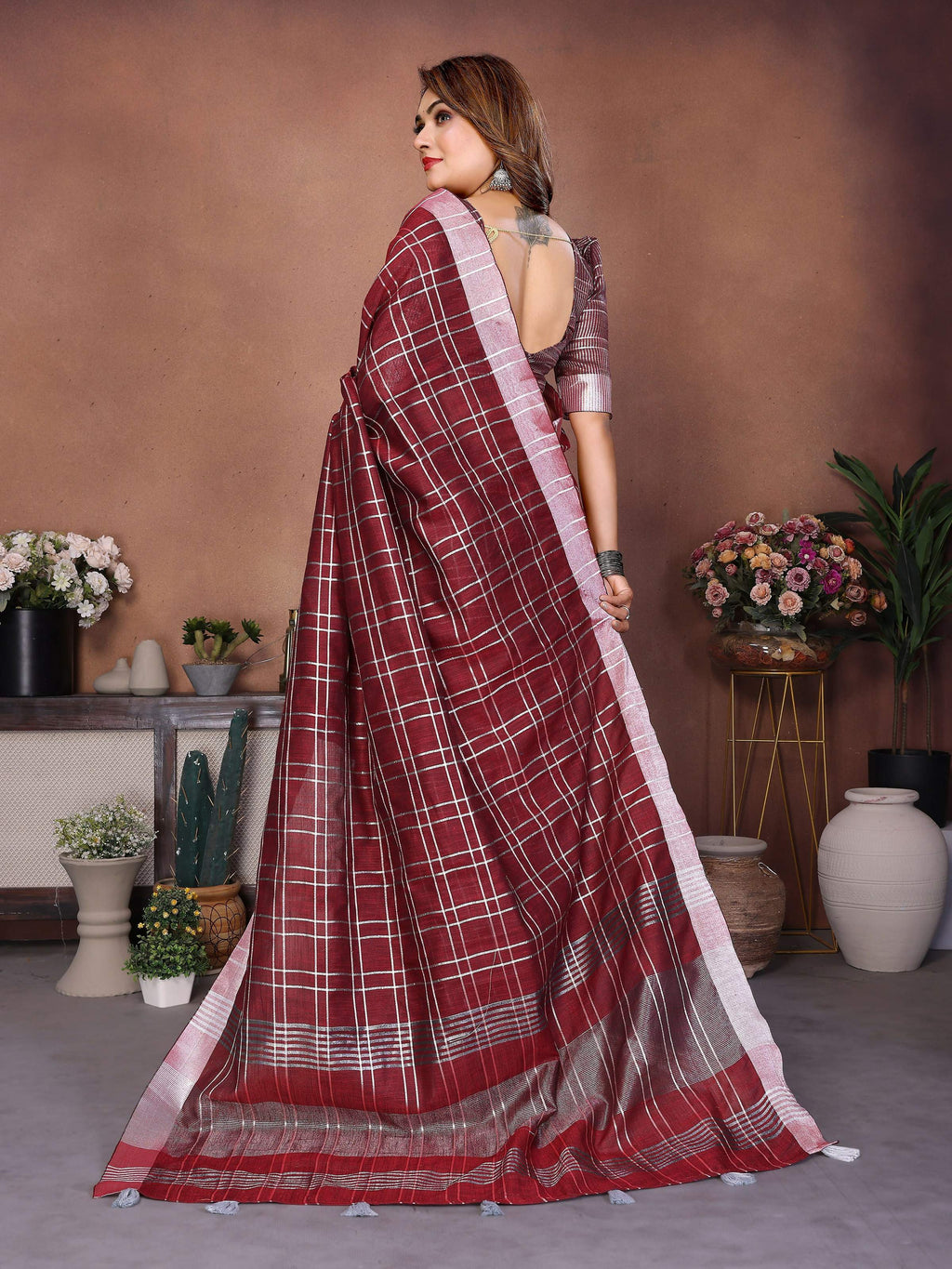 Aastha Fashion Red Linen Weaving Saree | Grocsy
