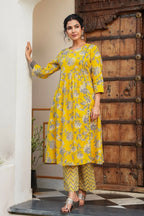 Aramya Anarkali Soft Cotton Gold foil Print Women's Kurta Set - Yellow | Grocsy