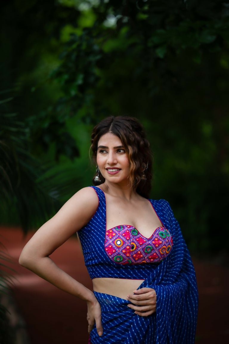 Amodini Designer Studio Women's Blue Chinon Lehriya Sleeveless Blouse | Grocsy
