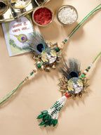 NVR Women & Men Set of 2 Green Radha Krishna Beaded Bhaiya Bhabhi Rakhi With Roli Chawal | Grocsy