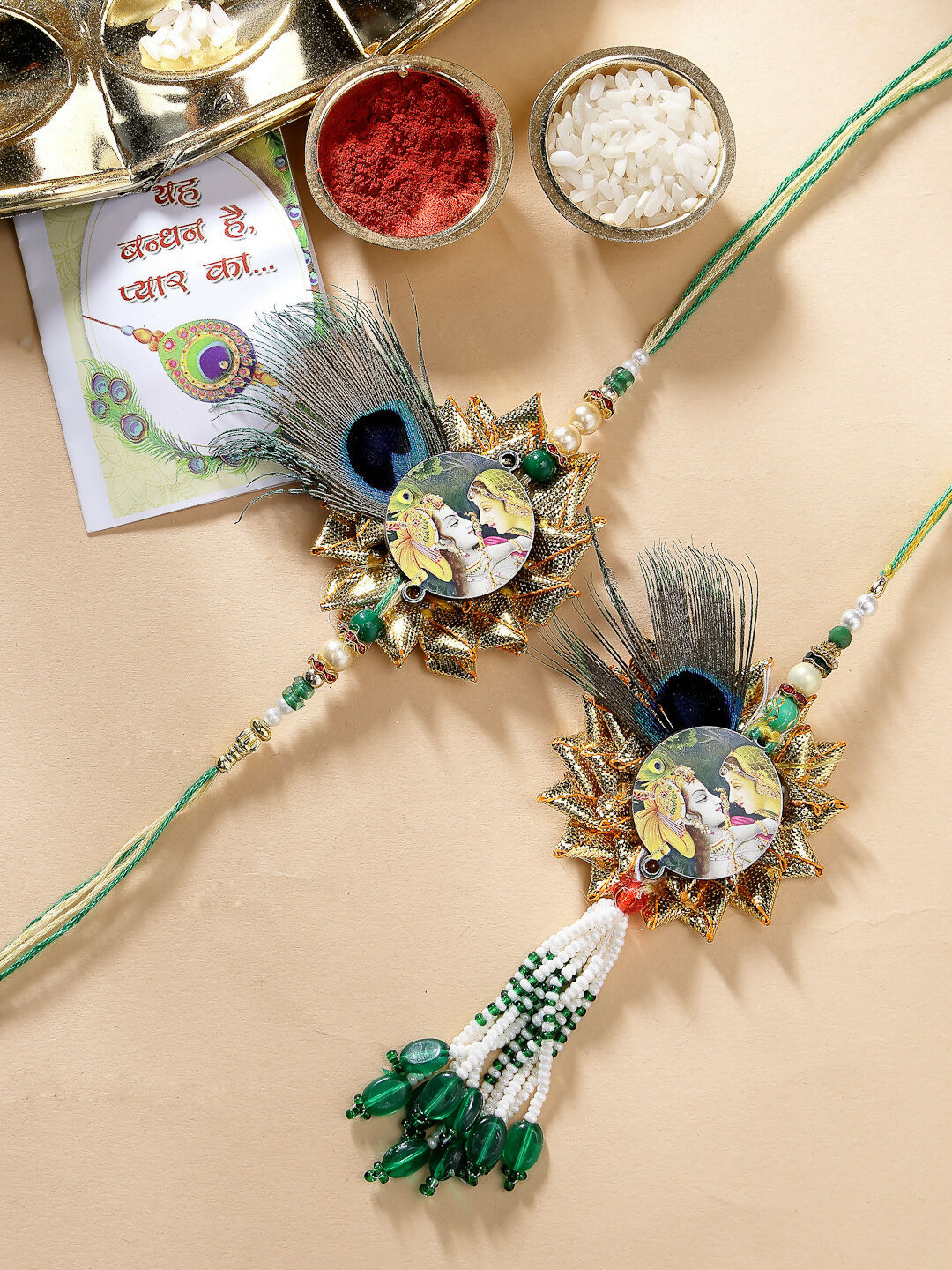 NVR Women & Men Set of 2 Green Radha Krishna Beaded Bhaiya Bhabhi Rakhi With Roli Chawal | Grocsy