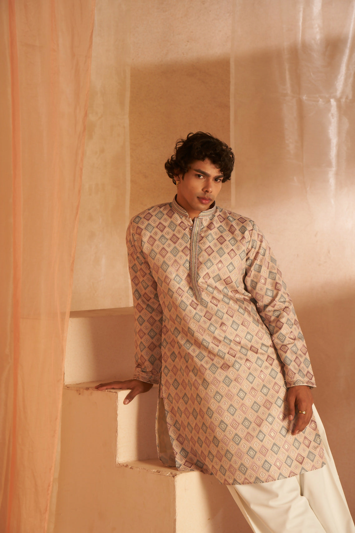 Cream Viscose Wevon Designer Men's Kurta Set - Mahotsav | Grocsy