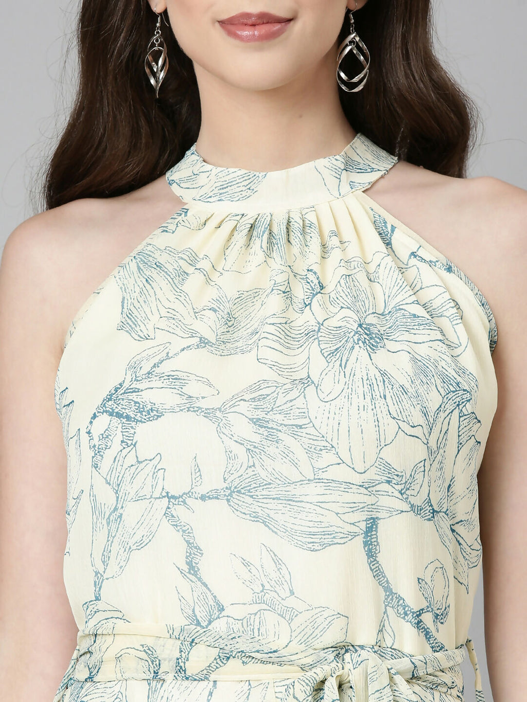 Souchii Cream & Blue Floral Chiffon Maxi Dress | Grocsy