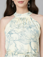 Souchii Cream & Blue Floral Chiffon Maxi Dress | Grocsy
