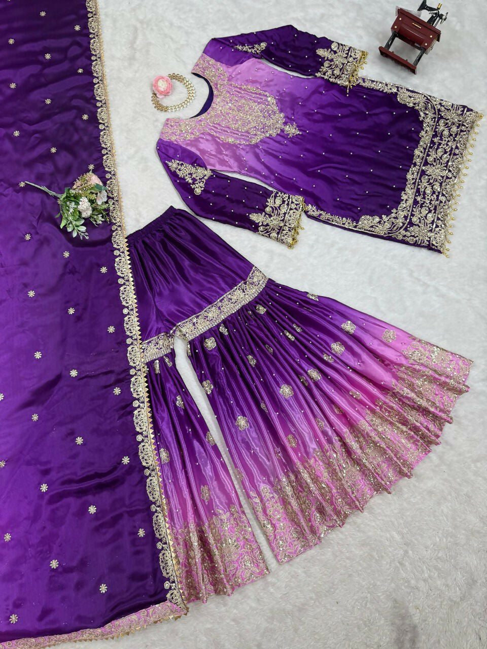 The52 Women's Beautiful Chinon silk Fabric Embroidery Work Straight Kurta Palazzo and Dupatta Set | Grocsy