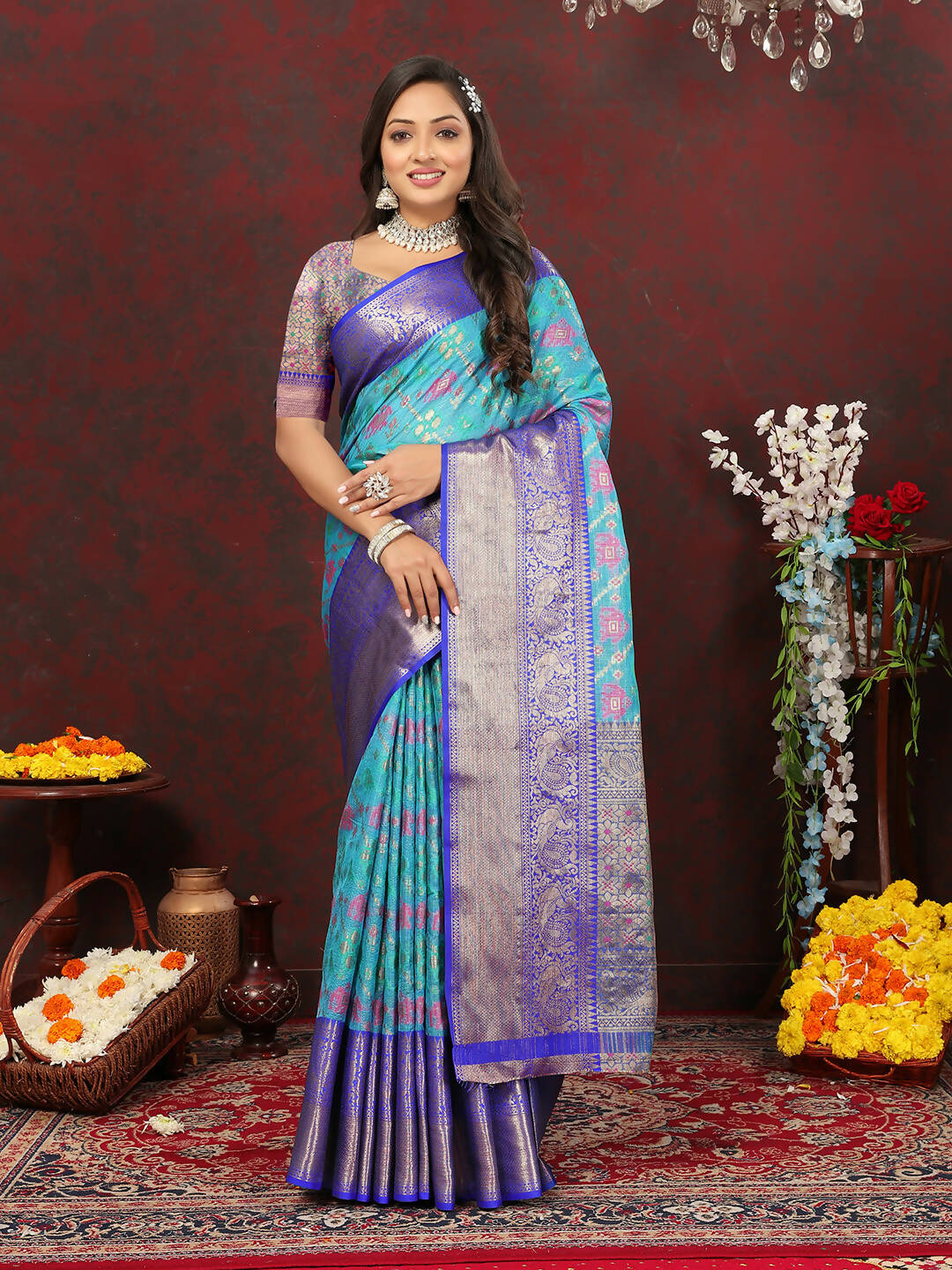 Lorenvalley Fashion Skyblue Cotton Woven Design Zari Meenakari Weaving Saree | Grocsy