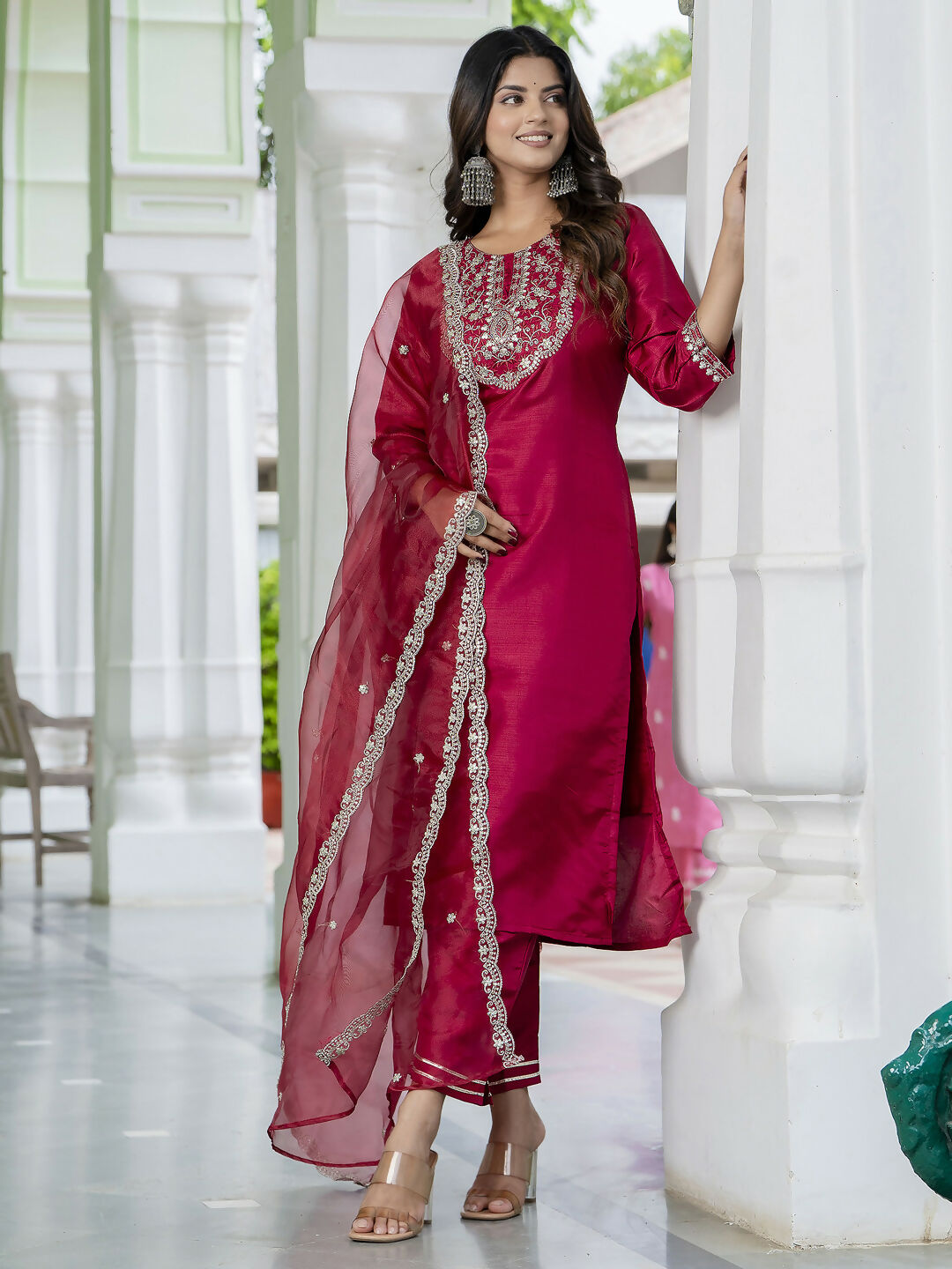 Vellora Red Silk Blend Embroidered Salwar Suit for Everyday Wear | Grocsy