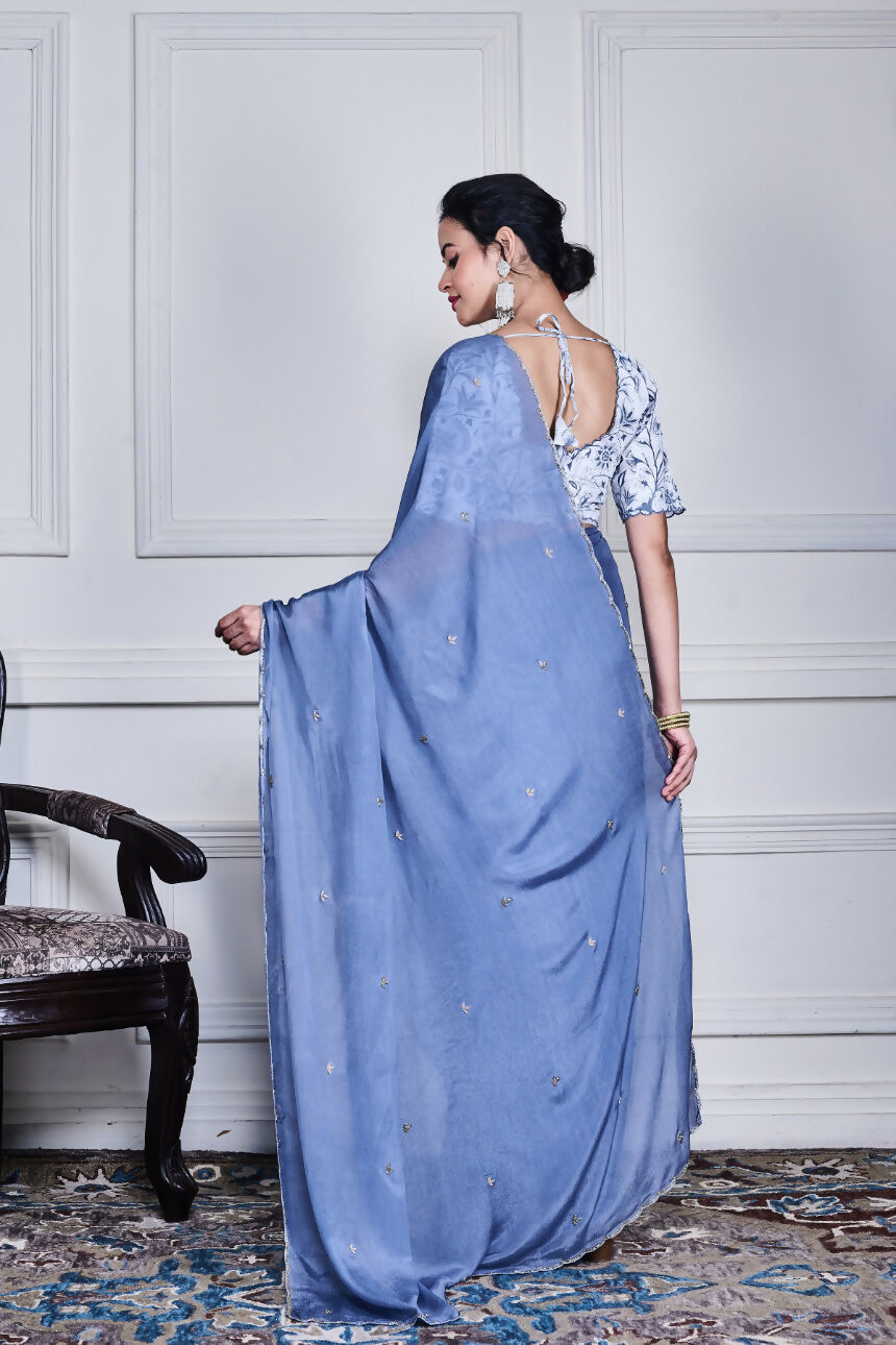 Morchari Grey Chiffon Hand Embroidery Saree And Stitched Blouse | Grocsy